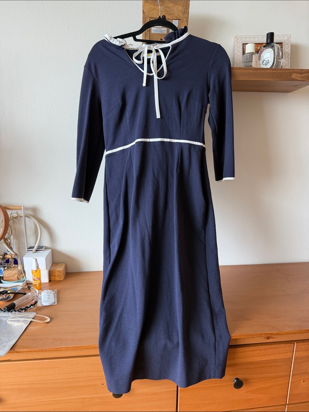 Boden Navy Dress with White Trim and Tie Neck